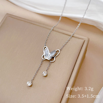 Titanium Steel IG Style Sweet Butterfly Plating Inlay Shell Zircon Necklace