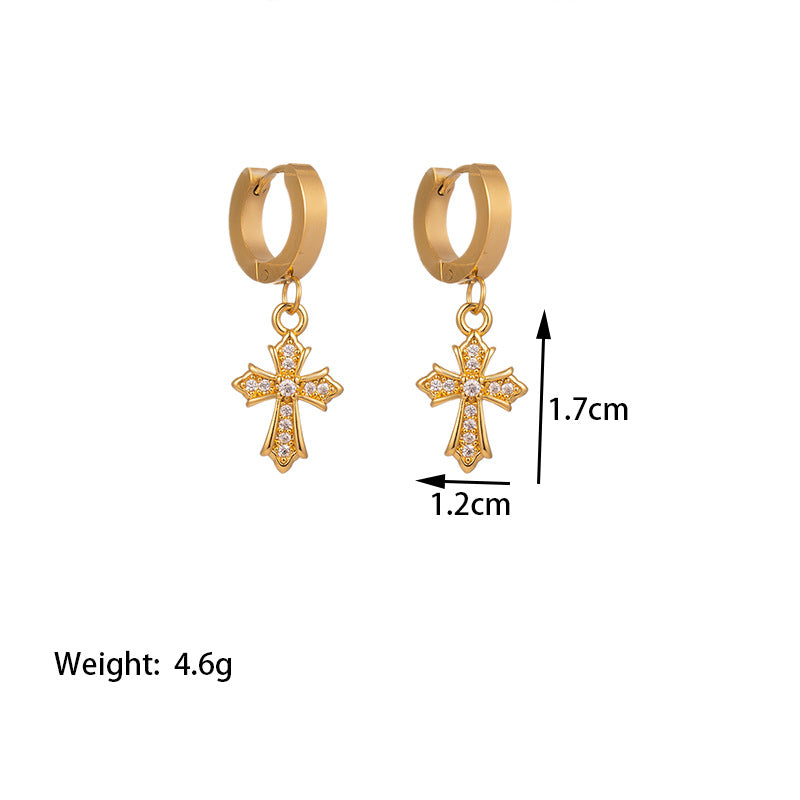 Titanium Steel 18K Gold Plated IG Style British Style Commute Cross Polishing Inlay Artificial Rhinestones Earrings Necklace