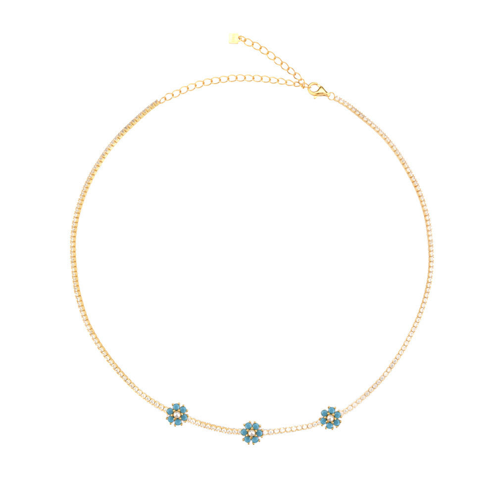 Sterling Silver 18K Gold Plated Simple Style Flower Inlay Artificial Pearls Zircon Necklace