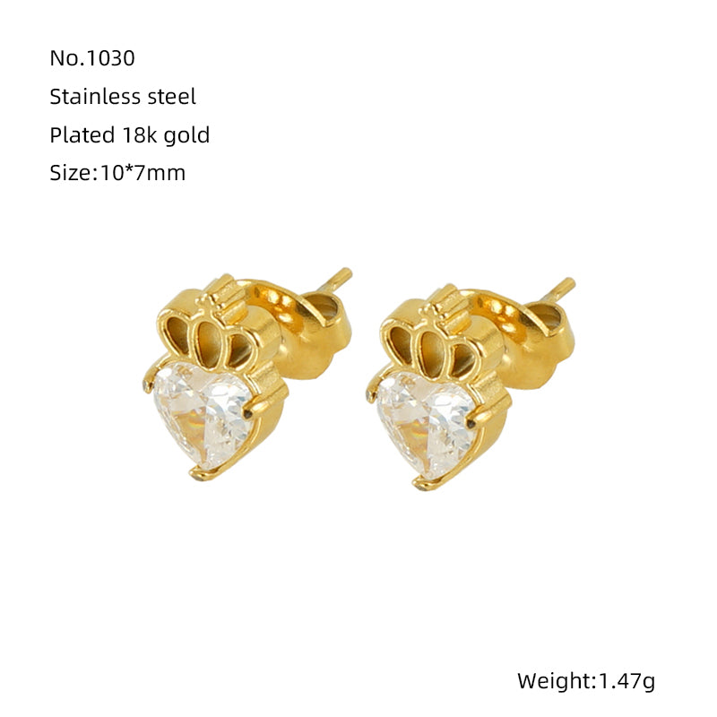 1 Pair Queen Shiny Heart Shape Crown Inlay Stainless Steel Zircon 18K Gold Plated Ear Studs