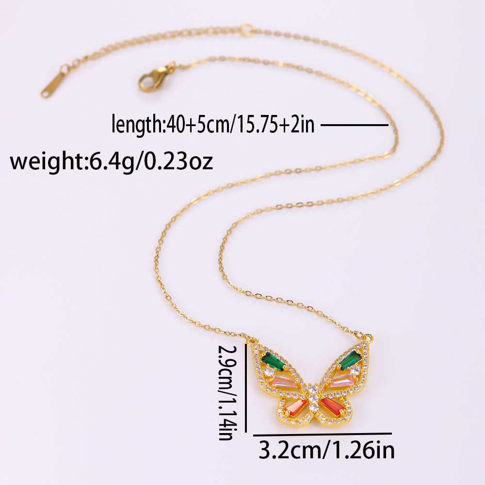 Elegant Butterfly Stainless Steel Artificial Gemstones Copper Inlay Zircon 18K Gold Plated Women's Pendant Necklace