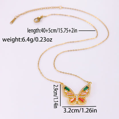 Elegant Butterfly Stainless Steel Artificial Gemstones Copper Inlay Zircon 18K Gold Plated Women's Pendant Necklace