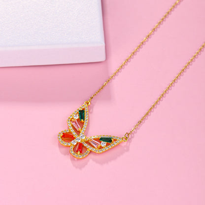 Elegant Butterfly Stainless Steel Artificial Gemstones Copper Inlay Zircon 18K Gold Plated Women's Pendant Necklace