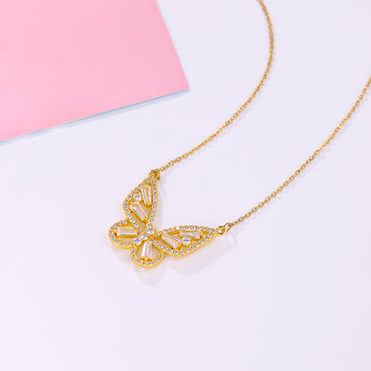 Elegant Butterfly Stainless Steel Artificial Gemstones Copper Inlay Zircon 18K Gold Plated Women's Pendant Necklace