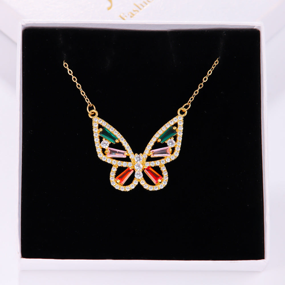 Elegant Butterfly Stainless Steel Artificial Gemstones Copper Inlay Zircon 18K Gold Plated Women's Pendant Necklace