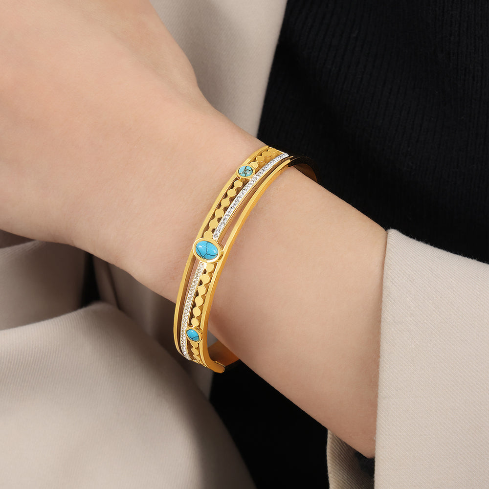 Titanium Steel 18K Gold Plated Casual Simple Style Commute Oval Layered Inlay Turquoise Rhinestones Bangle