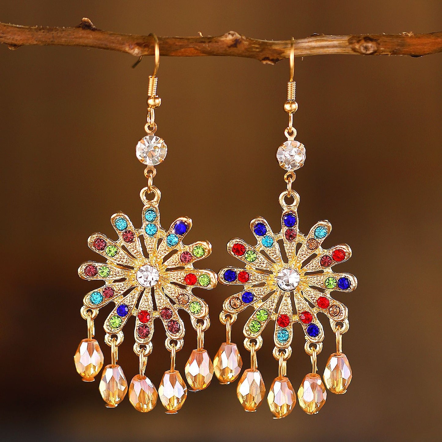 1 Pair Vintage Style Bohemian Water Droplets Petal Crystal Inlay Alloy Rhinestones Drop Earrings