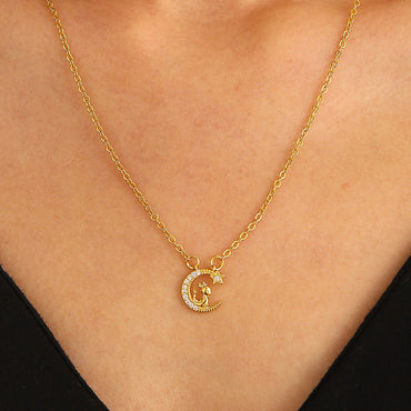 Copper Elegant Simple Style Moon Dragon Inlay Zircon Pendant Necklace