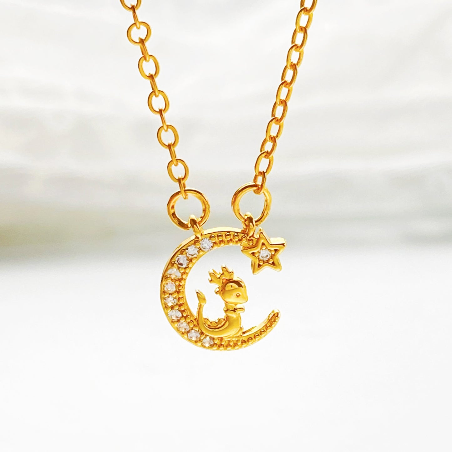 Copper Elegant Simple Style Moon Dragon Inlay Zircon Pendant Necklace