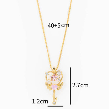 Copper Streetwear Heart Shape Wings Key Plating Inlay Zircon Pendant Necklace