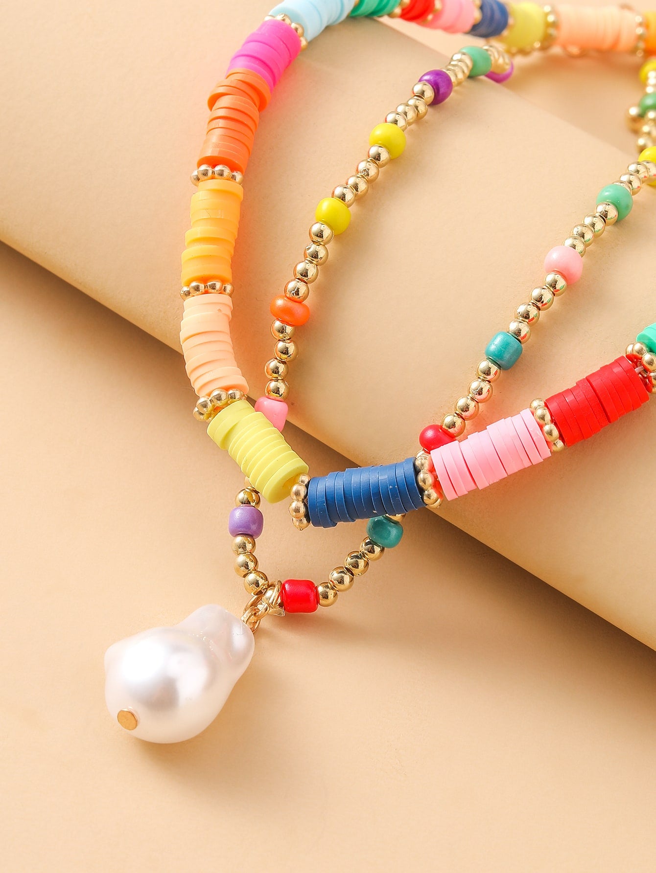 Hawaiian Vacation Beach Color Block Beaded Imitation Pearl Soft Clay Women's Necklace