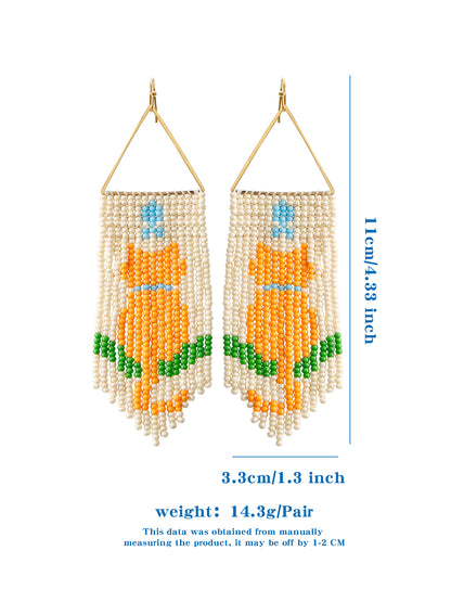 1 Pair Cute Bohemian Cat Beaded Tassel Seed Bead Drop Earrings