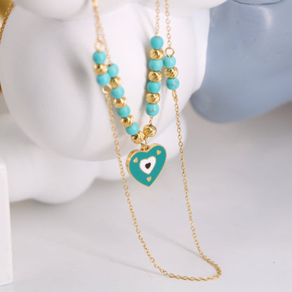 Titanium Steel IG Style Sweet Heart Shape Beaded Enamel Pendant Necklace