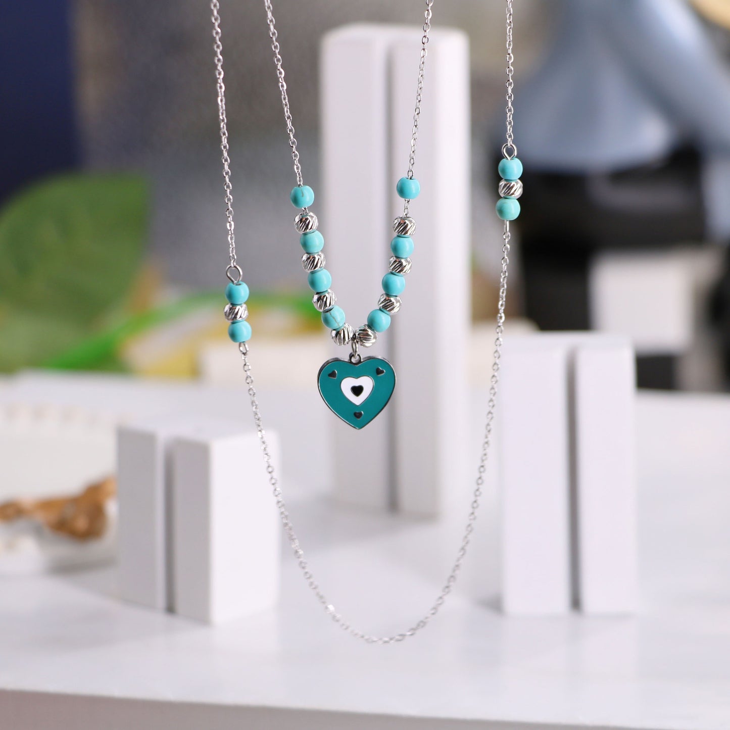 Titanium Steel IG Style Sweet Heart Shape Beaded Enamel Pendant Necklace