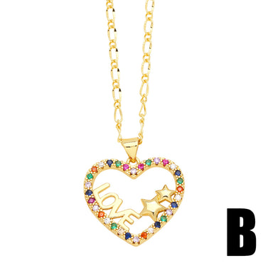 Copper Cute Heart Shape Inlay Zircon Pendant Necklace