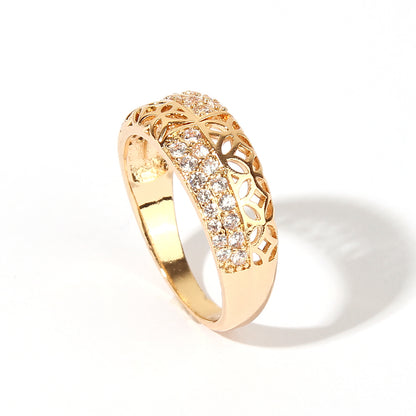 Wholesale Elegant Classical Retro Solid Color Copper Hollow Out Inlay Gold Plated Zircon Rings