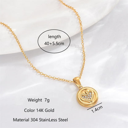 Stainless Steel 14K Gold Plated Elegant Romantic Classic Style Round Water Droplets Heart Shape Hollow Out Inlay Zircon Double Layer Necklaces Pendant Necklace