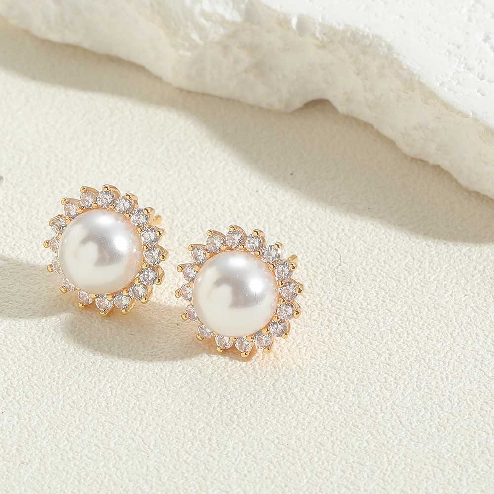 1 Pair Vintage Style Simple Style Commute Round Water Droplets Enamel Inlay Copper Acrylic Pearl Zircon 14K Gold Plated Ear Studs