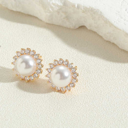 1 Pair Vintage Style Simple Style Commute Round Water Droplets Enamel Inlay Copper Acrylic Pearl Zircon 14K Gold Plated Ear Studs