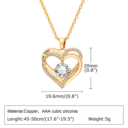 Stainless Steel Copper 18K Gold Plated Elegant Shiny Double Heart Inlay Zircon Pendant Necklace