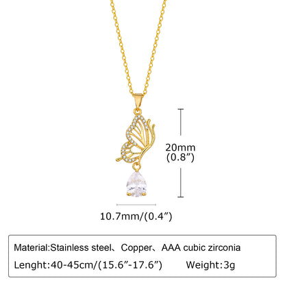 Stainless Steel Copper 18K Gold Plated Pastoral Shiny Butterfly Zircon Pendant Necklace