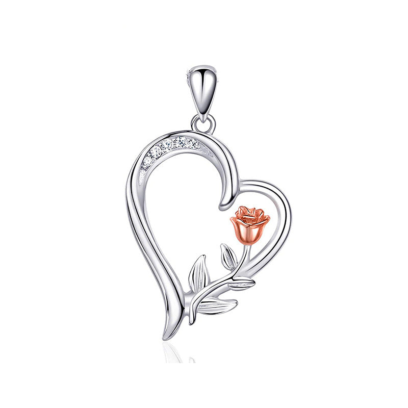 Sterling Silver Elegant Simple Style Heart Shape Rose Plating Pendant Necklace