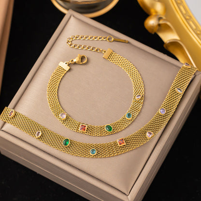 Titanium Steel 18K Gold Plated Elegant Mesh Inlay Artificial Rhinestones Jewelry Set