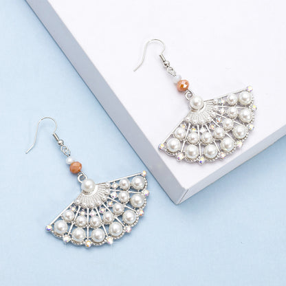 1 Pair Casual Ethnic Style Sector Hollow Out Inlay Alloy Artificial Pearls Rhinestones Drop Earrings