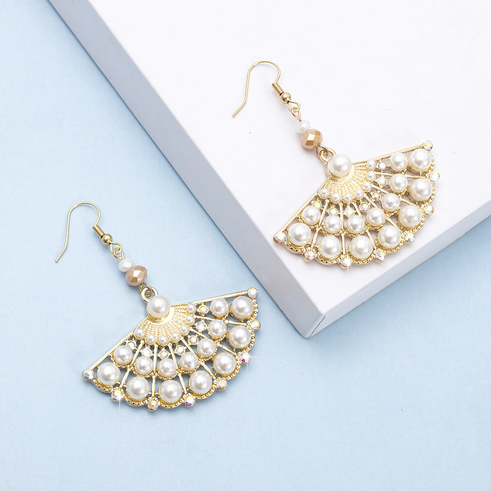 1 Pair Casual Ethnic Style Sector Hollow Out Inlay Alloy Artificial Pearls Rhinestones Drop Earrings