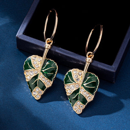 1 Pair IG Style Casual Simple Style Leaves Enamel Inlay Alloy Rhinestones Drop Earrings