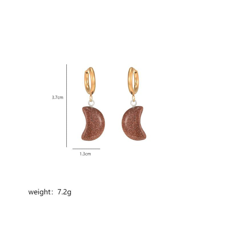 1 Pair Classical Exaggerated Simple Style Moon Polishing Stainless Steel Natural Stone 18K Gold Plated Drop Earrings