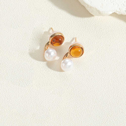 1 Pair Vintage Style Simple Style Commute Round Flower Inlay Copper Acrylic Pearl 14K Gold Plated Ear Studs