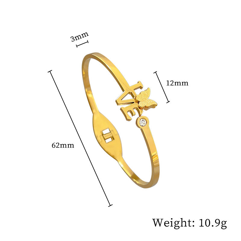 Simple Style Classic Style Letter Butterfly Titanium Steel Inlay Artificial Gemstones Bangle