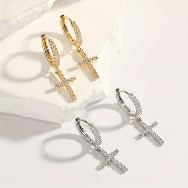1 Pair Elegant Glam Cross Round Star Handmade Inlay Copper Zircon K Gold Plated White Gold Plated Drop Earrings