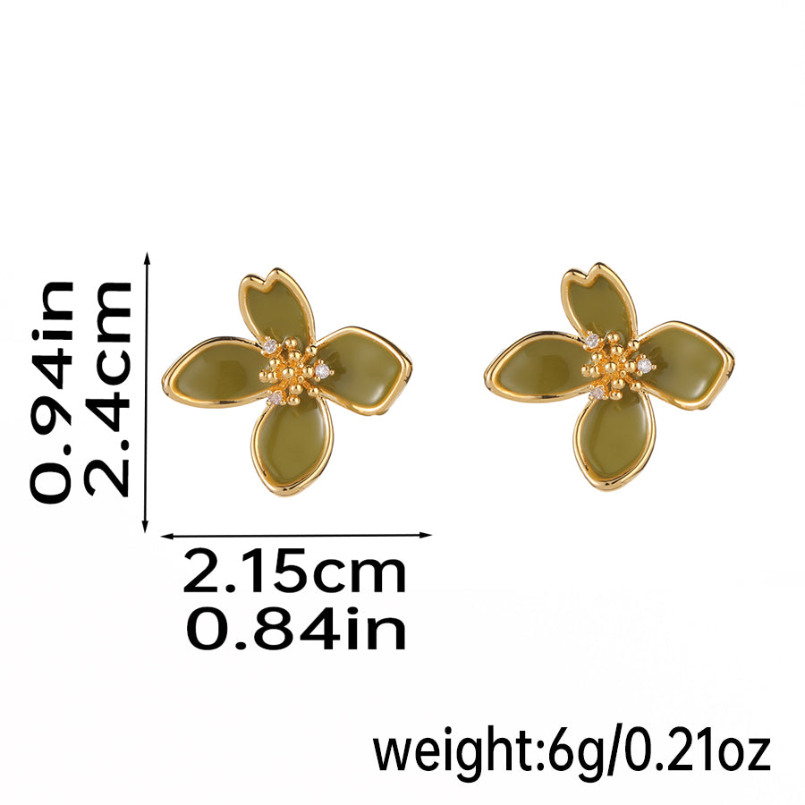 1 Pair Original Design Romantic Flower Enamel Inlay Copper Artificial Pearls Rhinestones Zircon 18K Gold Plated Ear Studs