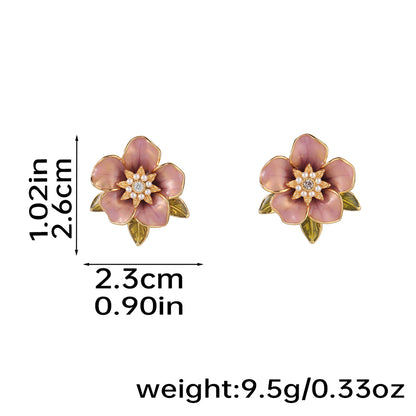 1 Pair Original Design Romantic Flower Enamel Inlay Copper Artificial Pearls Rhinestones Zircon 18K Gold Plated Ear Studs