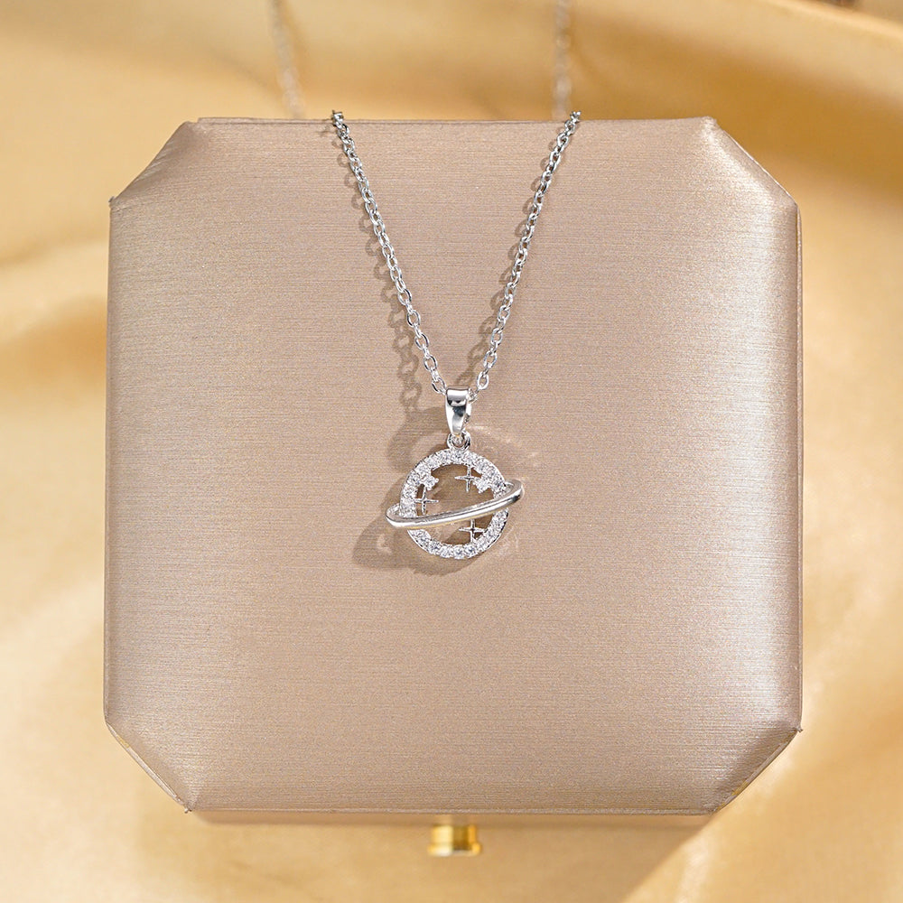 Wholesale Cute Sweet Planet Titanium Steel Copper White-Plated K Artificial Diamond Zircon Pendant Necklace