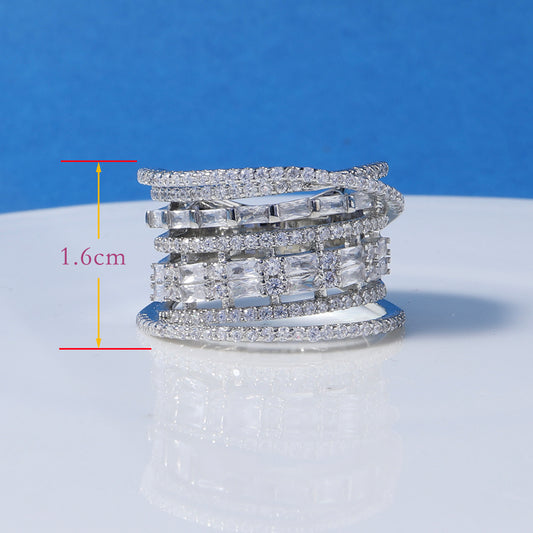 Wholesale Glam Shiny Lines Copper Irregular Layered Inlay Gold Plated Rhodium Plated Zircon Rings