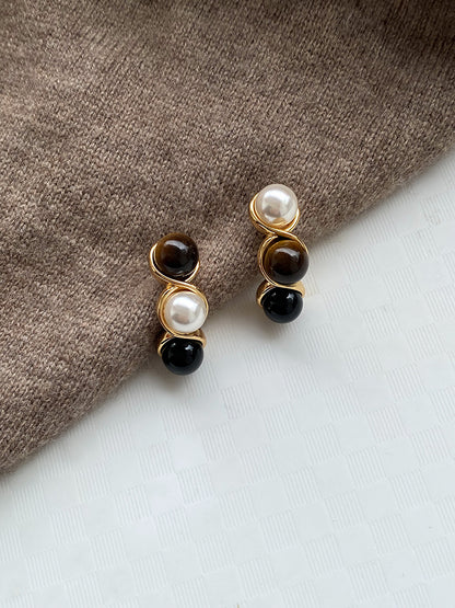 1 Pair Simple Style Geometric Inlay Brass Artificial Pearls Agate Tiger Eye Ear Studs