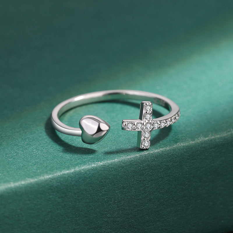 Sterling Silver Simple Style Cross Heart Shape Plating Inlay Zircon Open Rings