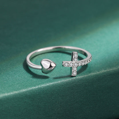 Sterling Silver Simple Style Cross Heart Shape Plating Inlay Zircon Open Rings