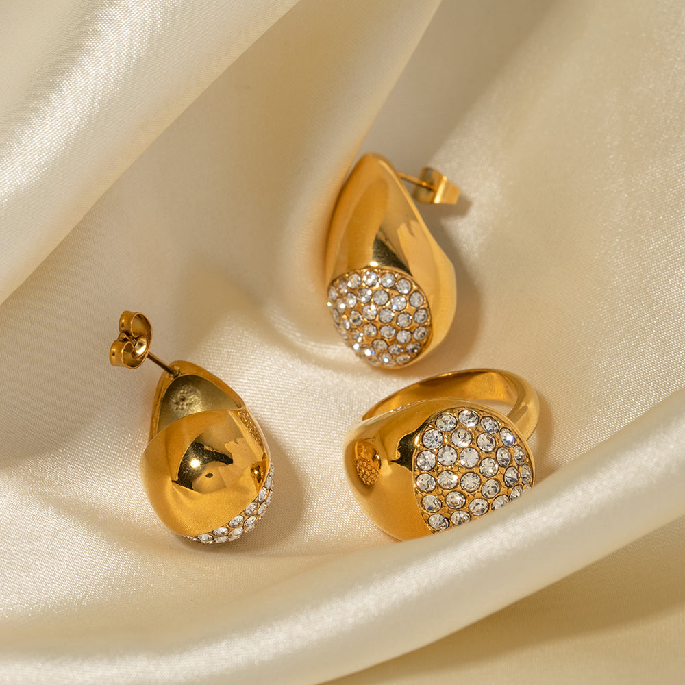 Stainless Steel 18K Gold Plated IG Style Elegant Water Droplets Rhinestones Rings Earrings