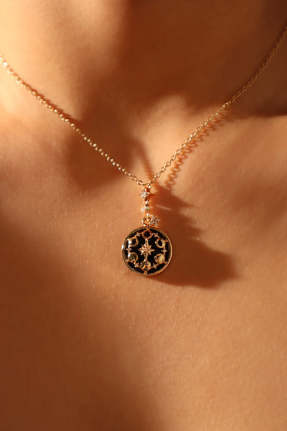 Copper Gold Plated IG Style Retro Star Moon Inlay Zircon Pendant Necklace