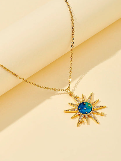 Copper 18K Gold Plated IG Style Sun Star Inlay Zircon Pendant Necklace