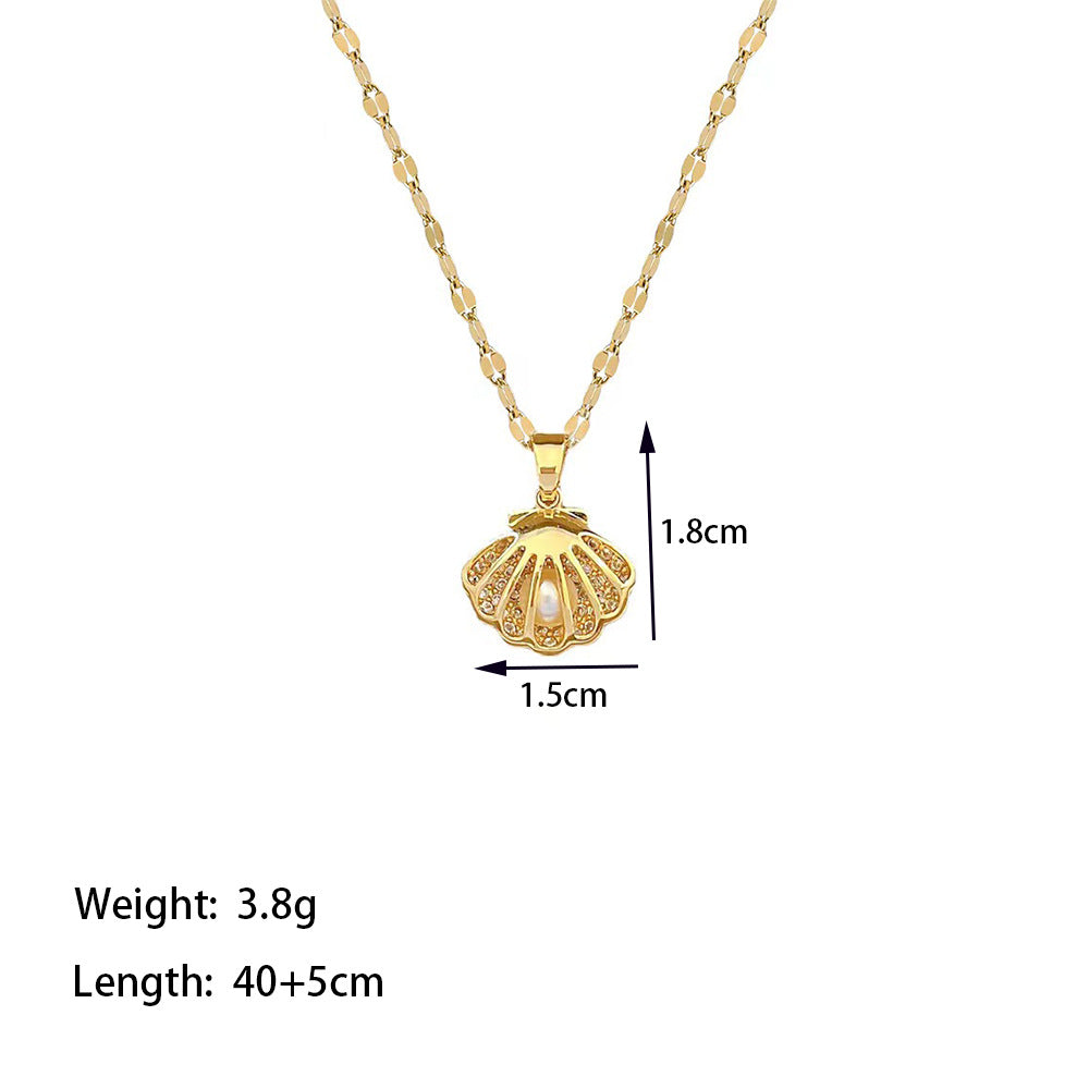 Titanium Steel 18K Gold Plated Elegant Simple Style Shell Inlay Artificial Rhinestones Artificial Pearls Pendant Necklace