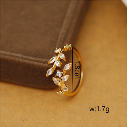 Wholesale Vacation Simple Style Leaves Copper Plating Inlay 18K Gold Plated Zircon Open Rings