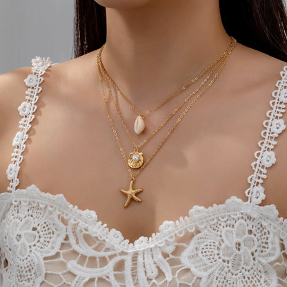 Vacation Beach Starfish Shell Alloy Shell Women's Three Layer Necklace