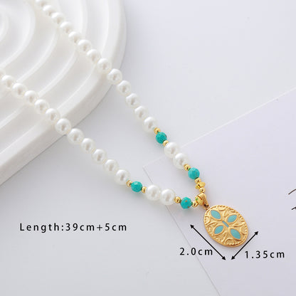 Elegant Cute Luxurious Geometric Devil's Eye Stainless Steel Natural Stone Glass Pearl Beaded Inlay Zircon 18K Gold Plated Women's Pendant Necklace