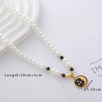 Elegant Cute Luxurious Geometric Devil's Eye Stainless Steel Natural Stone Glass Pearl Beaded Inlay Zircon 18K Gold Plated Women's Pendant Necklace