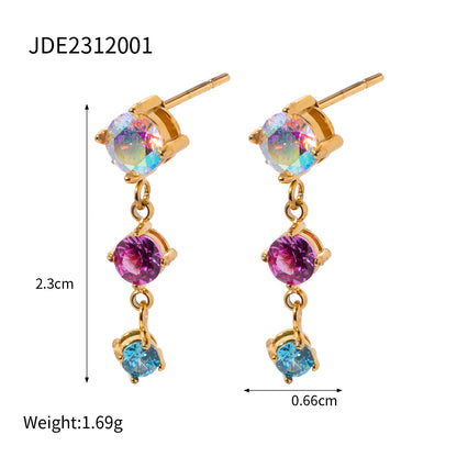 1 Pair IG Style Color Block Inlay Stainless Steel Zircon 18K Gold Plated Drop Earrings